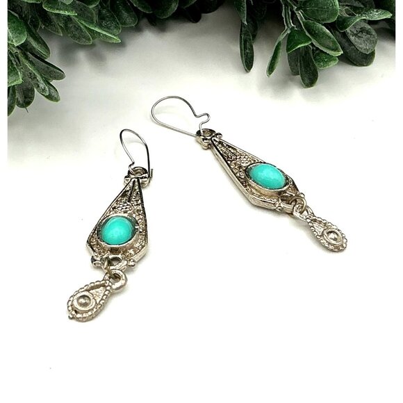 Vintage-Inspired Silver Tone Drop Earrings With Filigree Design and a Turquoise - Picture 4 of 7